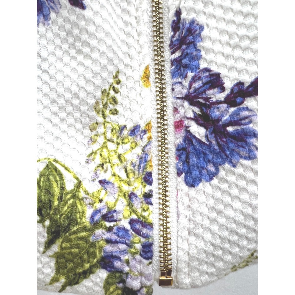 Susan Graver Floral Moto Jacket White Textured Waffle Knit Asymmetric Zip Size 6 - Picture 6 of 15